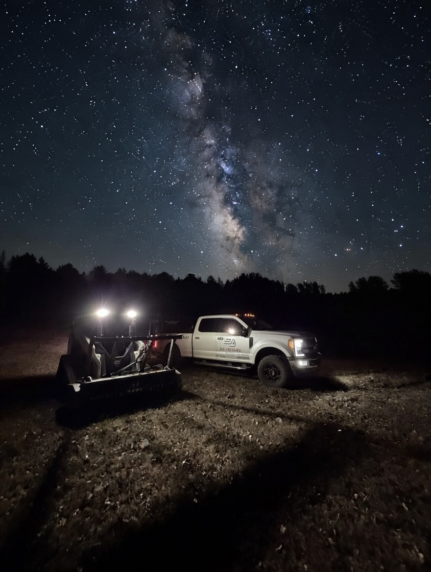 Big Trucking LLC truck and equipment at night providing 24/7 demolition services in OKC